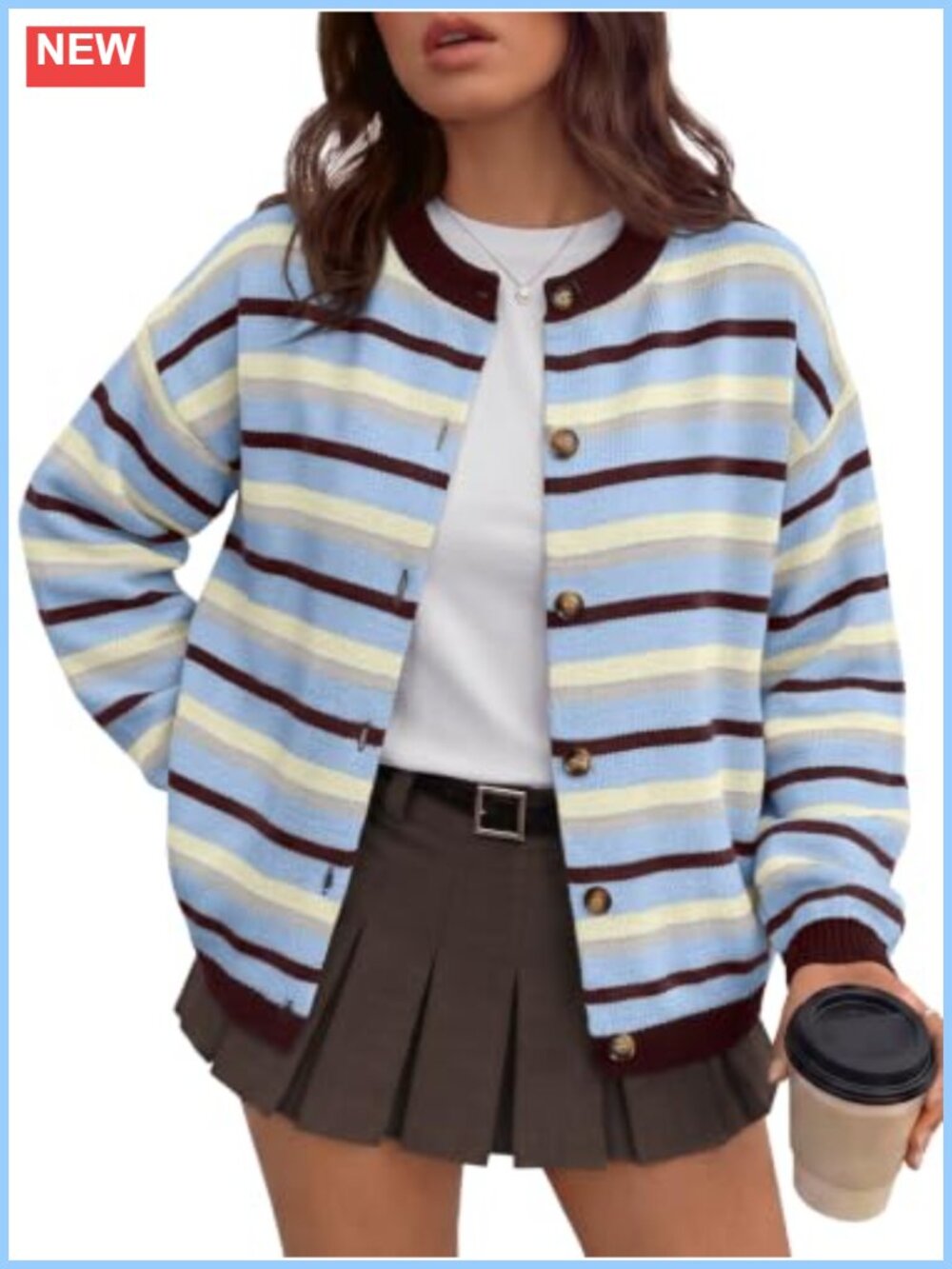 Striped Cardigan Sweater Cotton Acrylic Crew Neck Button Front Knit